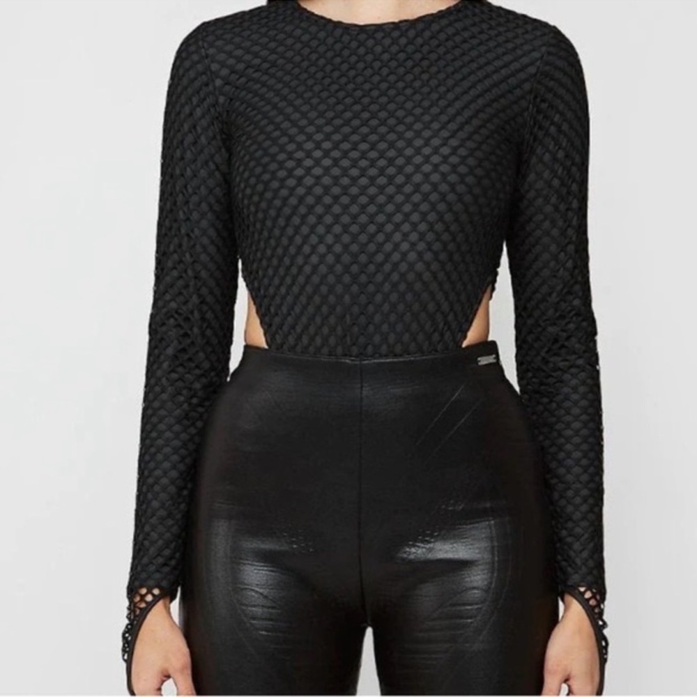 Maniere De Voir High Leg Mesh Black Bodysuit